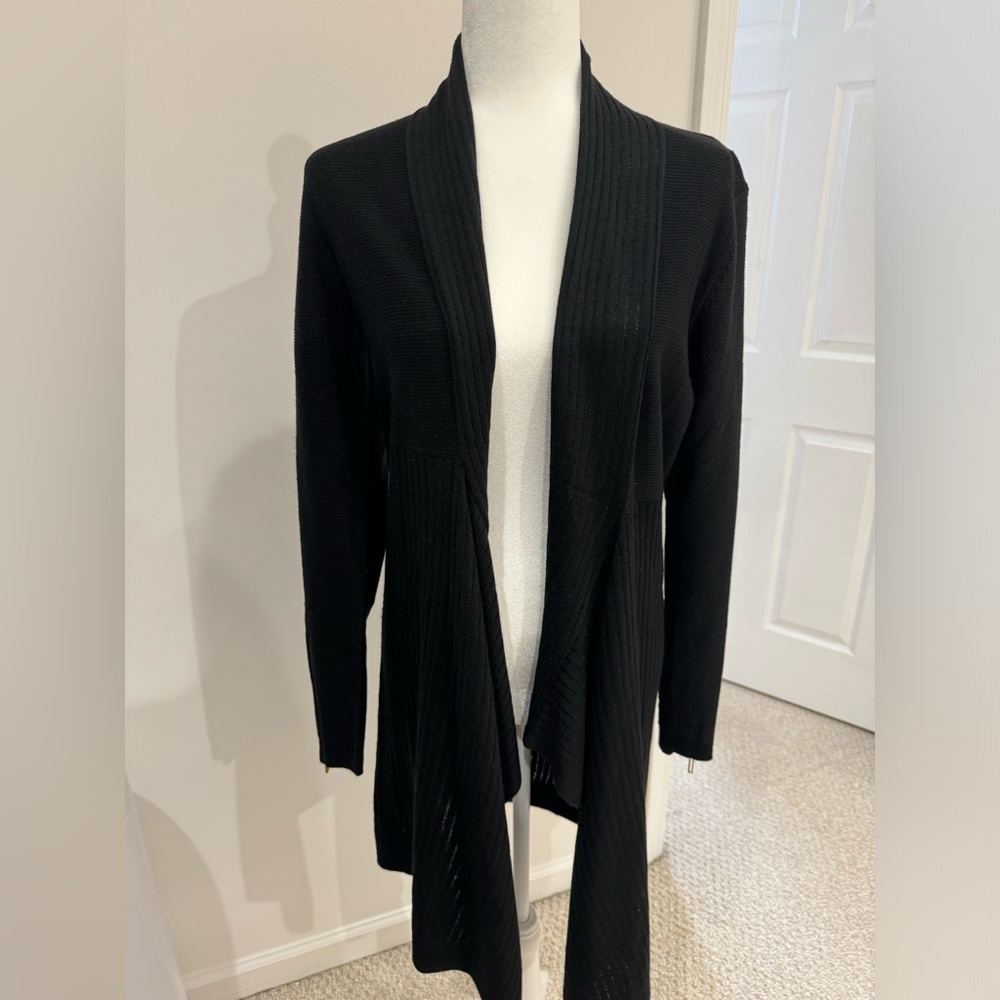 Draped front sweater cardigan with gold zipper detail